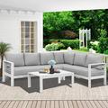 simple Lane Aluminum Outdoor Patio Furniture Set Metal Outside Patio Furniture Conversation Sets with Dining Table&2 Ottomans Sectional Sofa Couch Seating Set with Cushion for Backy