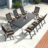 simple LEAF 9 Pieces Outdoor Patio Dining Set with 8 Folding Portable Chairs and 1 Rectangle Aluminum Table Foldable Adjustable High Back Reclining Chairs with Soft Cotton-Padded Seat G