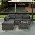 4 Pieces Patio Furniture Set Patio Conversation Set All Weather Outdoor Sectional Patio Sofa Wicker Rattan Patio Seating Sofas with Cushion and Glass Table Dark Gray