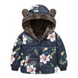 JSGEK Toddler Baby Boys Girls Thick Jacket Clearance Winter Warm Coat for Kids Cute Floral Printing Plush Overcoat Windproof Hoodies Casual Zip up Plush Clothes Soft Comfy Navy 4-5 Years