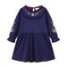 Jalioing Long Sleeved Dress for Girls Button Lapel Long Sleeve Ruched Waist Floral Print Cute Dresses (6-7 Years Navy)