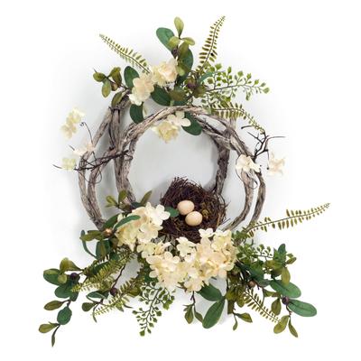 Woven Grapevine Wreath With Hydrangea And Bird Nest Accents (Set Of 4) by Melrose in Brown