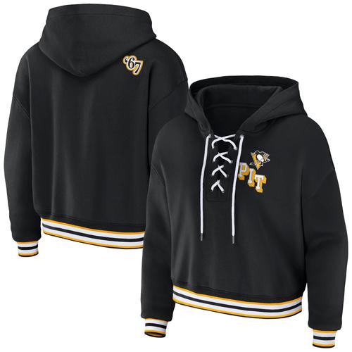 Damenbekleidung von Erin Andrews Schwarzer Pittsburgh Penguins-Pullover-Hoodie mit Schnürung