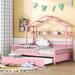 Kids Favorite Wooden Full Size House Bed with Shelf Kids Bed with Twin Size Trundle, Pink
