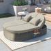 Outdoor Patio Rattan 2-Person Reclining Daybed Chaise Lounge with Adjustable Backrests and Foldable Cup Trays, Gray