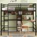 Full Size Metal & Wood Loft Bed with L -shaped desk and shelves