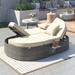 Outdoor Patio Rattan 2-Person Reclining Daybed Chaise Lounge with Adjustable Backrests and Foldable Cup Trays, Beige