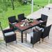 7-Piece Outdoor PE Rattan Wicker Dining Table and Chairs Set, Acacia Wood Tabletop, Stackable Armrest Chairs