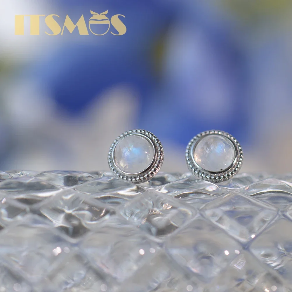 ITSMOS Natürliche Mondstein Ohrringe Runde Twist Spitze S925 Silber Ohrstecker Retro Elegant Romantischer Stil für Frauen Mädchen Geschenk