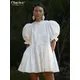 ClacMarkets-Mini robe blanche décontractée pour femmes col montant manches courtes élégante