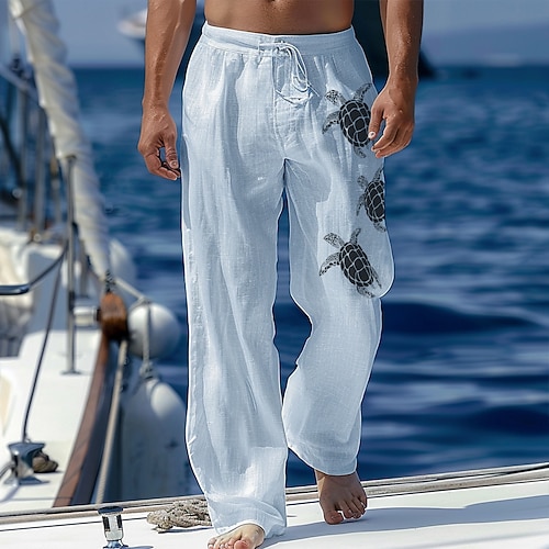Herren Leinenhosen Hose Sommerhose Strandhose Kordelzug Elastischer Bund Druck Grafik Komfort Urlaub Täglich Strand Urlaub Mode Blau Grün Image