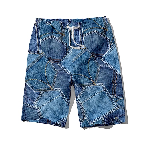 Herren Jeansstoff Farbblock-Nähte Badehosen Badeshorts Boardshorts Mittlere Taille Hawaiianisch Lässig Ferien Strand Kordelzug mit Mesh-Futter Elastischer Bund Designer Bekleidung Image