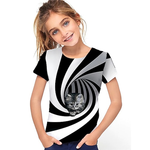 Mädchen 3D Tier Katze T-Shirt Kurzarm 3D-Druck Sommer Frühling Aktiv Modisch Kuschelig kinderkleidung 3-12 Jahre Outdoor Täglich Innen Regular Fit Image