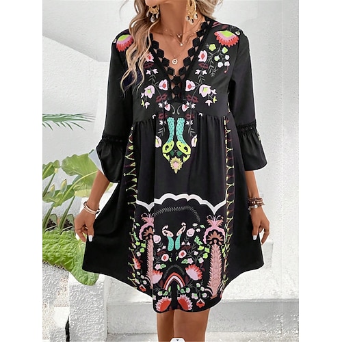 Damen Minikleid Casual kleid Sommerkleid Boho-Kleid Stilvoll Brautkleider schlicht Urlaub Täglich Verabredung Regular Fit Blumen 3/4 Ärmel V Ausschnitt Schwarz Rote Fuchsie Aprikose Sommer Image