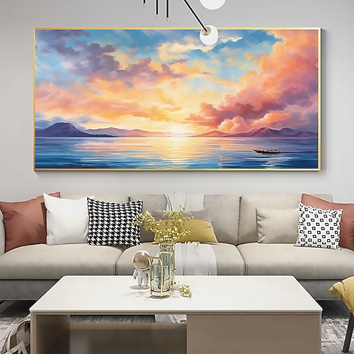 Handgefertigte Ölgemälde auf Leinwand, Wandkunst, Dekoration, abstrakter Sonnenuntergang, Meereslandschaft, Gemälde für Heimdekoration, gerolltes, rahmenloses, ungedehntes Gemälde Image