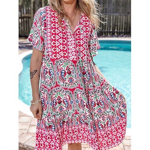Per donna Mini abito Abito casual Abiti Boho Chic Abito estivo Abito boho Informale Boho Da mare Giornaliero Spiaggia Morbido Floreale Manica corta A V Rosso Blu Fucsia Estate