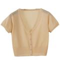 CHEREST Womens Bolero Short Cardigan Short Sleeve V Neck Cropped Cardigan Hollow Out Crochet Shrug Shawl See Through Buttons Sweaters Summer Beach Cover Up Top Apricot Xl