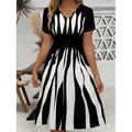 Femme robe noire Robe vintage Robe casual Géométrique marinière Imprimer Ample Col V Mini robe Soirée Manche Courte Eté Printemps