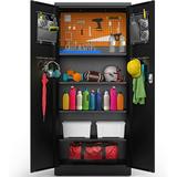 FENGPU Metal Storage Cabinet - Multifunctional Garage Storage Cabinet with Doors Adjustable Shelf Height and Leg Levelers Includes Pegboard and Accessories 900 lbs Full Capacity (Black)