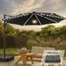 FLAME&SHADE 11ft LED Outdoor Patio Hanging Cantilever Market Umbrella w/Base Solar Energy Aluminum Frame for Commercial Street Garden and Beach Black
