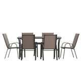 Flash Furniture 7 Piece Commercial Grade Patio Dining Set with Tempered Glass Patio Table and 6 Chairs with Brown Flex Comfort Material Seats and Backs
