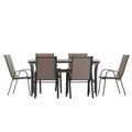 Emma + Oliver 7 Piece Outdoor Dining Set with Tempered Glass Top Patio Table and 6 Brown Flex Comfort Textilene Stacking Chairs