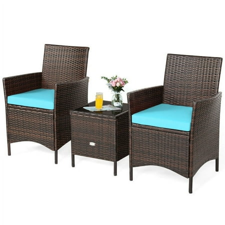 Spaco 3 Piece Patio Conversation Set Outdoor Rattan Wicker Furniture Set with Coffee Table & Chairs Patio Bistro with Seat Cushions for Garden Balcony Backyard Poolside