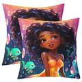 Afro-American Girl Pillow Covers for Little Girl Afro Kid Princess Melanin Set of 2 Throw Pillow Covers 16x16 Inch for Girls Ocean Fish Toddlers American Black Girls Cushion Covers