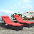 Outdoor Patio Chaise Lounge Chair Lying In Bed With Pe Rattan And Steel Frame Pe Wickers Pool Recliners With Elegant Reclining Adjustable Backrest And Removable Cushions Set Of 2(Black+Red)