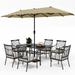 durable VILLA 5 Piece Outdoor Dining Set with 10ft Umbrella 37 Square Metal Dining Table & 4 Cushioned Metal Chairs & 3-Tier Beige Umbrella for Patio Deck Yard Porch