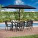 durable VILLA Outdoor 10ft Patio Umbrella Set for 4 with 5 Pieces Dining Table Chairs Metal Outdoor Stackable Wrought Iron Chair Set of 4 & 37 Metal Table 3 Tier Vented Dark Blu