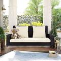 Wicker Hanging Porch Swing With Chains Cushion Pillow Rattan Swing Bench For Garden Backyard Pond. (Brown Wicker Beige Cushion)