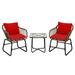 3 Pieces Patio Rattan Bistro Set Outdoor Patio Rattan Conversation Bistro Set Cushioned Chair Glass Table Deck-Red