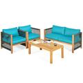 Canddidliike 4 Outdoor Acacia Wood Piece Conversation Sunroom Furniture Indoor Sectional Garden Seating Groups Chat Set with Cushions-Turquoise