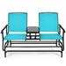 Canddidliike 2-Person Double Rocking Loveseat Outdoor Patio Furniture Set with Mesh Fabric and Center Tempered Glass Table-Turquoise