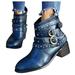 POROPL Blue Boots for Women Wide Calf Ankle cowMotorcycle Retro Faux Leather Vintage CowThick Heel Boots for Lady Size 35(US:4.5)