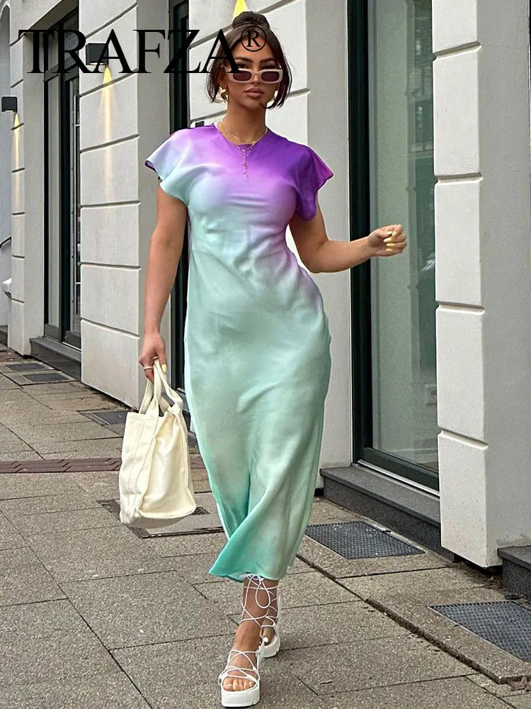HH femmes mode imprimé robe à manches courtes Vintage cravate colorant col rond robes mi-longues printemps femme décontracté Chic robe en Satin