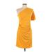 Casual Dress - Bodycon One Shoulder Short sleeves: Yellow Solid Dresses - Women's Size Large