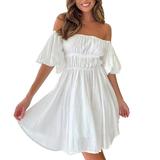 Soighxzc Party Wedding Dress Short Sleeve Midi Dress Casual Dress For Women Stretchy Maxi Dress Solid Color Swing Dress Off Shoulder Mini Dress