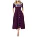 knqrhpse Casual Dresses Summer Dress Midi Dresses for Women Women Vintage Princess O Neck 3/4 Sleeved Button Party Aline Swing Mini Dress Womens Dresses Purple Dress M