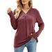 Women Long Sleeve V-neck Pleated Buttons T-shirt Solid Casual Tops Loose Blouse