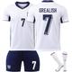 (22) 2024 European Cup England Soccer Jersey Set No.7 GREALISH Football Kit Uniform Training Suit Adult Kids