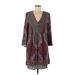 Anthropologie Casual Dress - Shift V Neck Long sleeves: Burgundy Print Dresses - Women's Size Medium