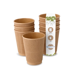 BIOZOYG 250 Stück Riffelbecher 300 ml / 12 oz Kaffee To Go Pappbecher, ungebleicht braun, Einwegbecher, Nachhaltig, Biologisch Abbaubar, Einwegbecher