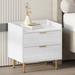 Wooden Nightstand with 2 Drawers and Marbling Worktop, Bedside Table with Metal Legs & Handles