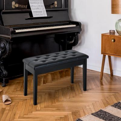 Duet Piano Chair with Faux Leather Padded Cushion and Wooden Frame, Button Tufted Keyboard Bench, Black