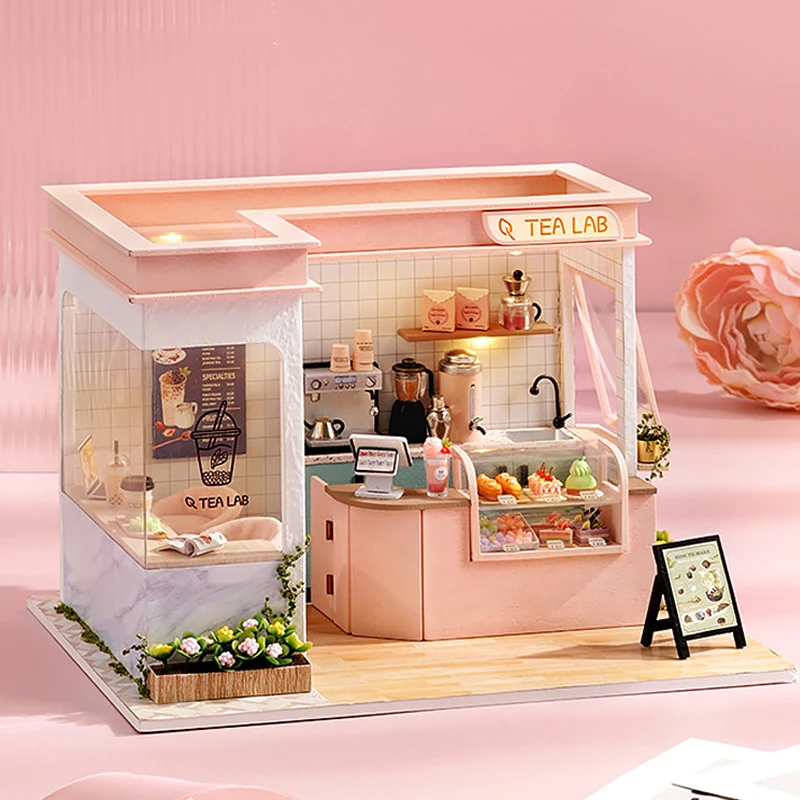 Tè al latte Mini casa delle bambole Kit fai da te per realizzare giocattoli da camera Puzzle 3D fatto a mano Giocattoli assemblati Regali di compleanno Artigianato in legno Casa delle bambole