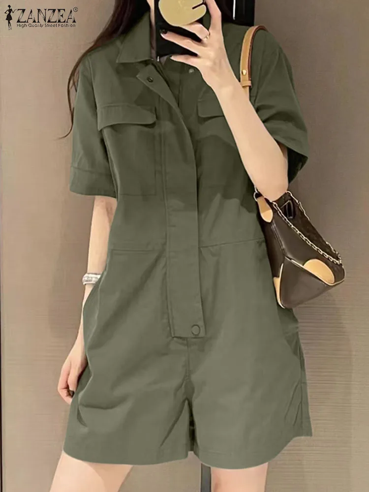 2024ZANZEA Sommer Cargo Overalls Frauen Mode Revers Hals Kurzarm Strampler Elegante Feste Lose Overalls Casual Playsuits Image