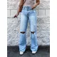 Baggy Ripped Flare Jeans for Women Lady Punk At Respzed Hole Denim Pants Streetwear Fashion