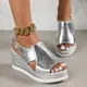 Gold Silver Peep Toe Wedge Sandals Women Summer Back Strap Thick Platform Sandles Woman Fashion Pu